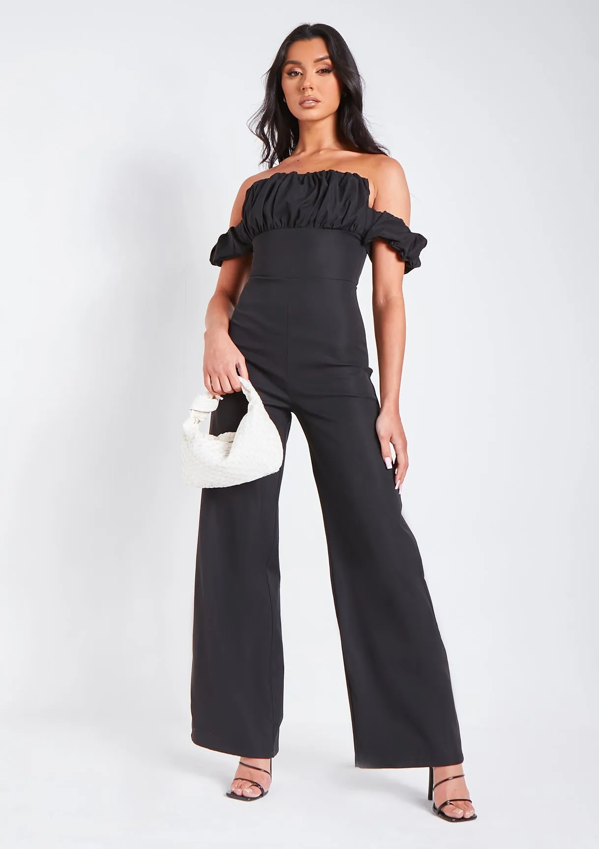 Rosalyn Black Bardot Ruffle Wide Leg Tailored Jumpsuit sold by Missy Empire