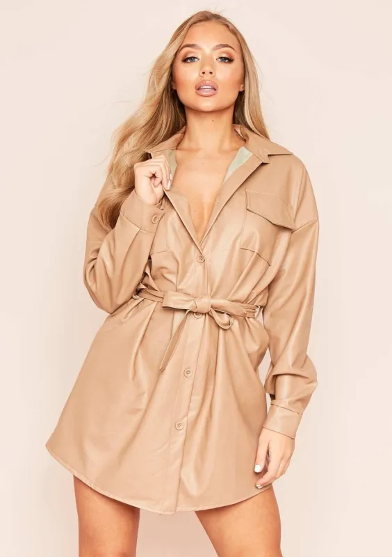 Livia Camel Faux Leather Belted Mini Dress sold by Missy Empire