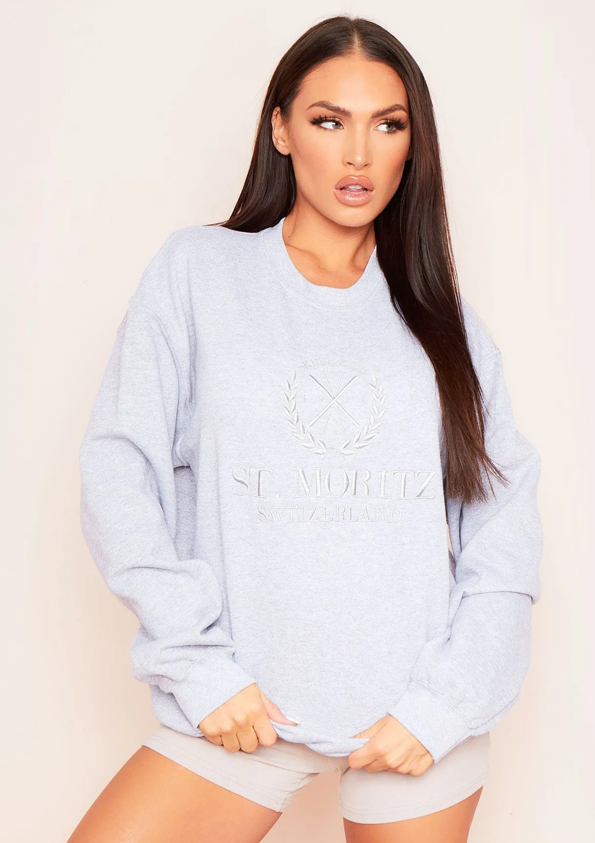Halyn Grey St. Moritz Slogan Oversized Sweatshirt sold by Missy Empire