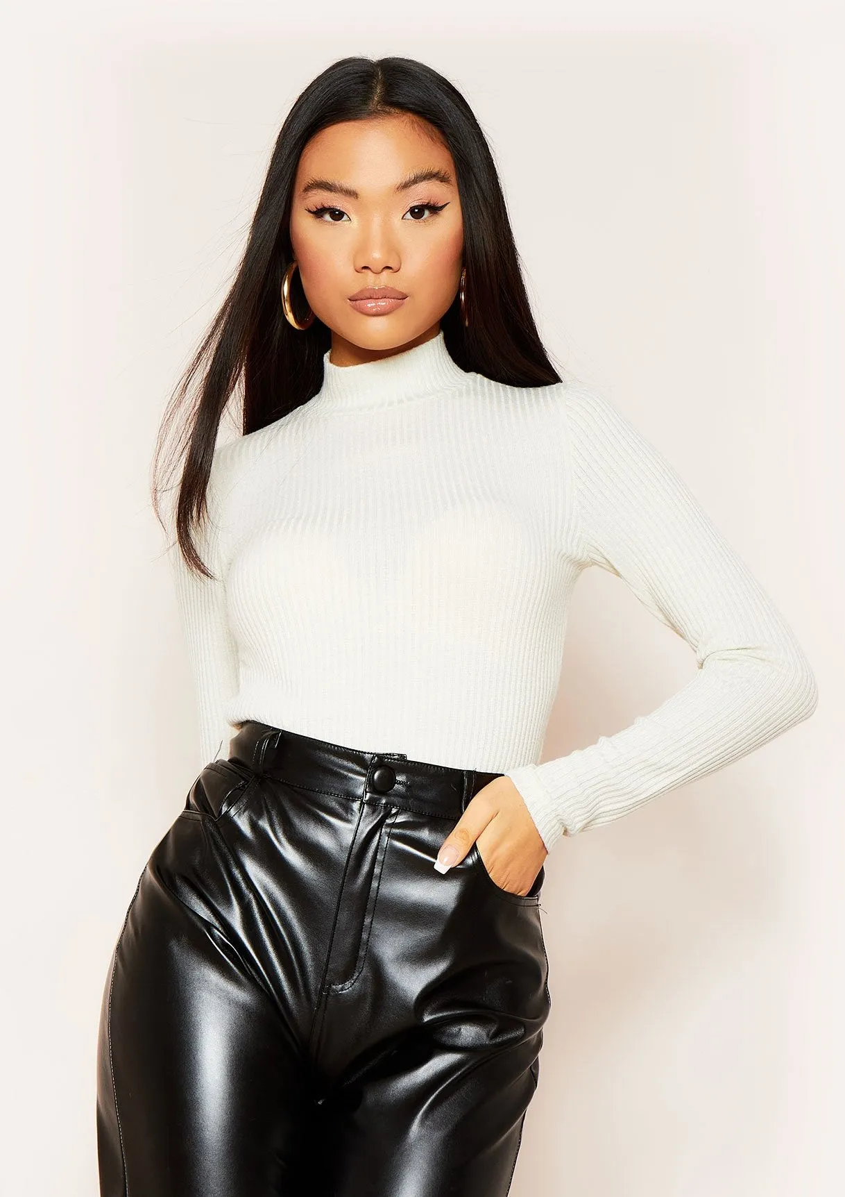 Rosie Cream High Neck Super Soft Rib Knit Long Sleeve Top sold by Missy Empire