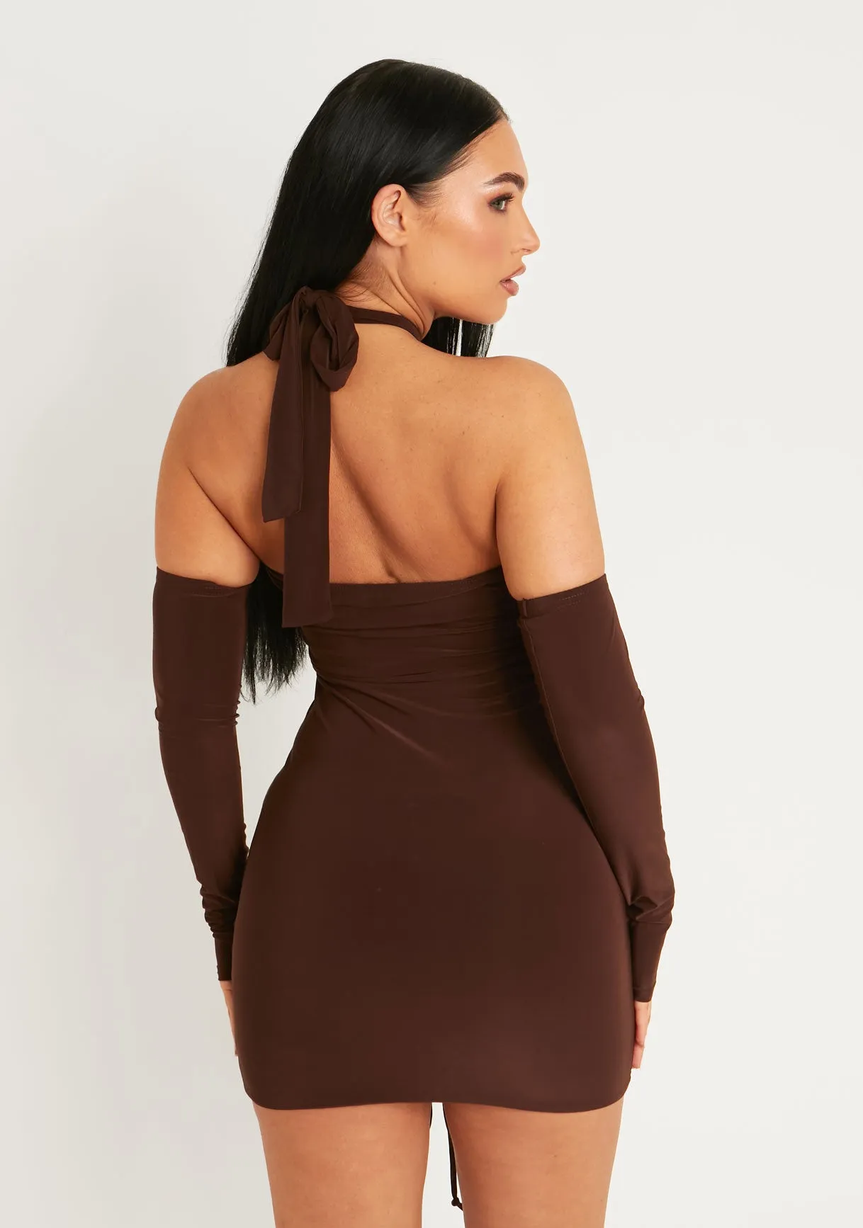 Simone Chocolate Cut Out Cold Shoulder Ruched Mini Dress sold by Missy Empire product image thumbnail 4