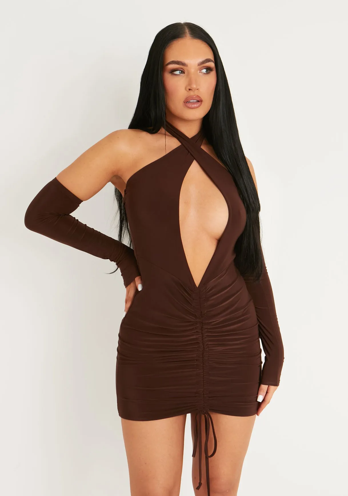 Simone Chocolate Cut Out Cold Shoulder Ruched Mini Dress sold by Missy Empire product image thumbnail 2