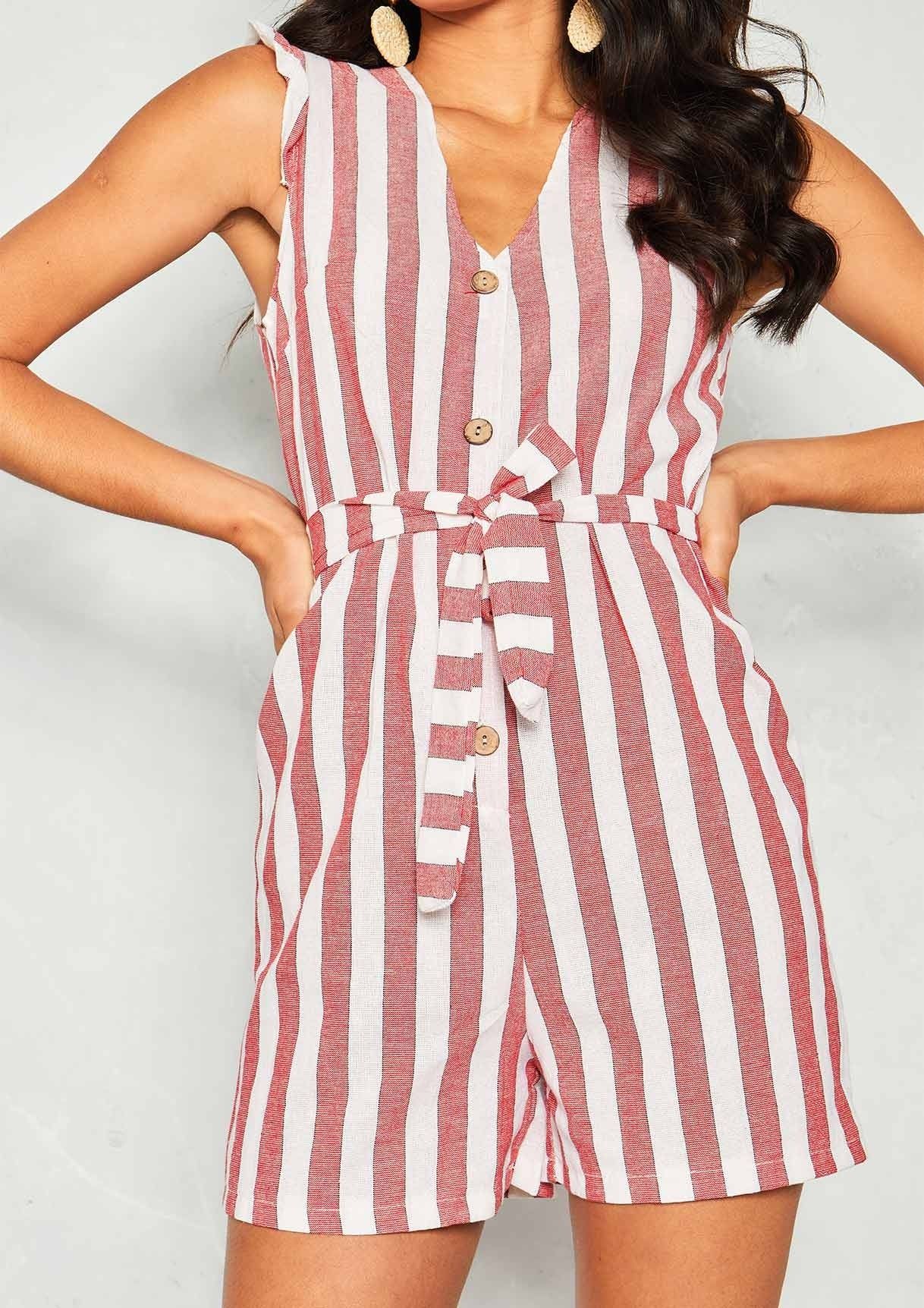 Renea Red Stripe Belted Button Playsuit sold by Missy Empire product image thumbnail 2
