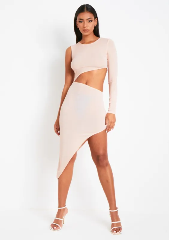 Aubrielle Baby Pink One Shoulder Glitter Slinky Cut Out Midi Dress sold by Missy Empire