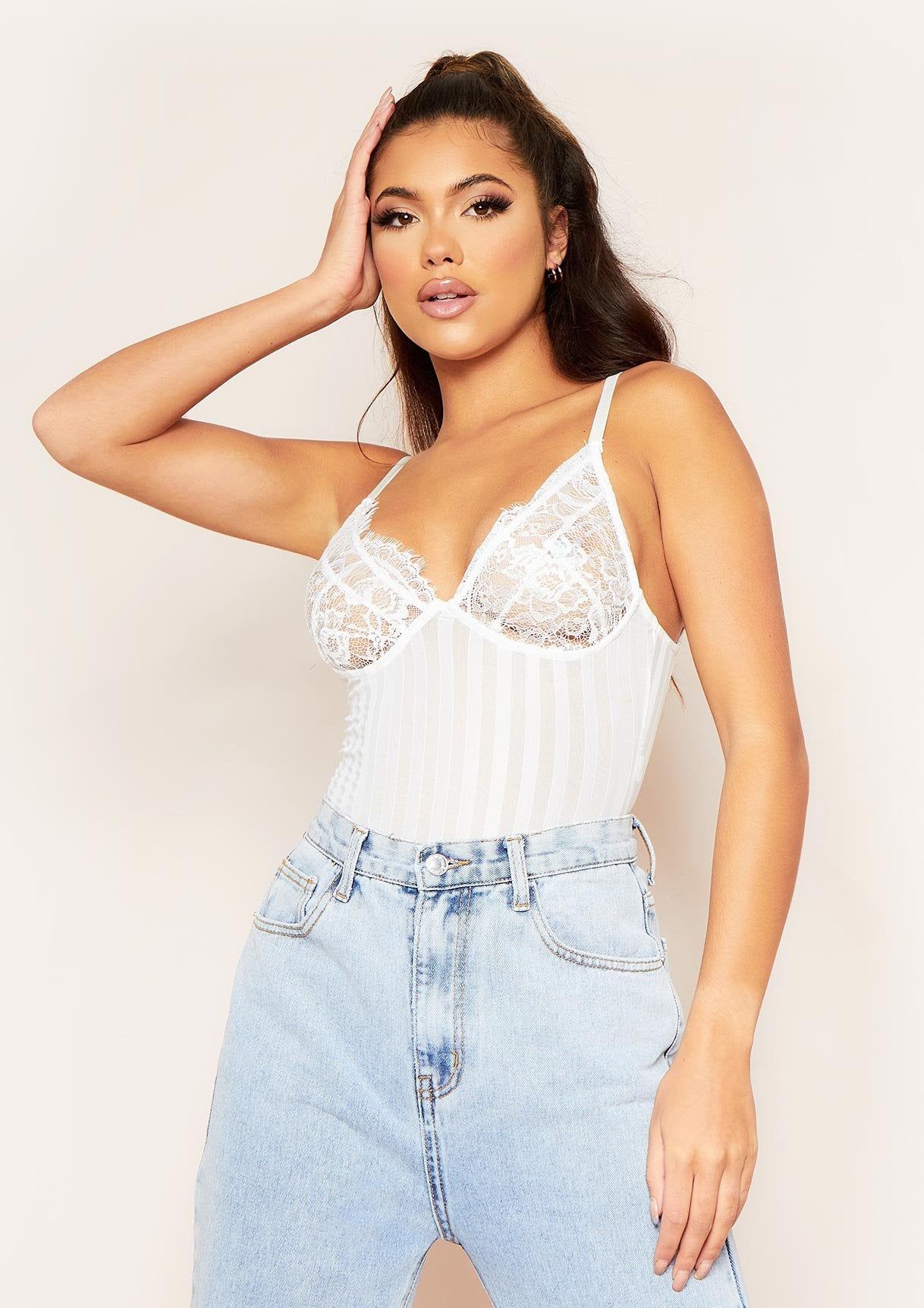 Adele White Lace Mesh Stripe Bodysuit sold by Missy Empire product image thumbnail 2