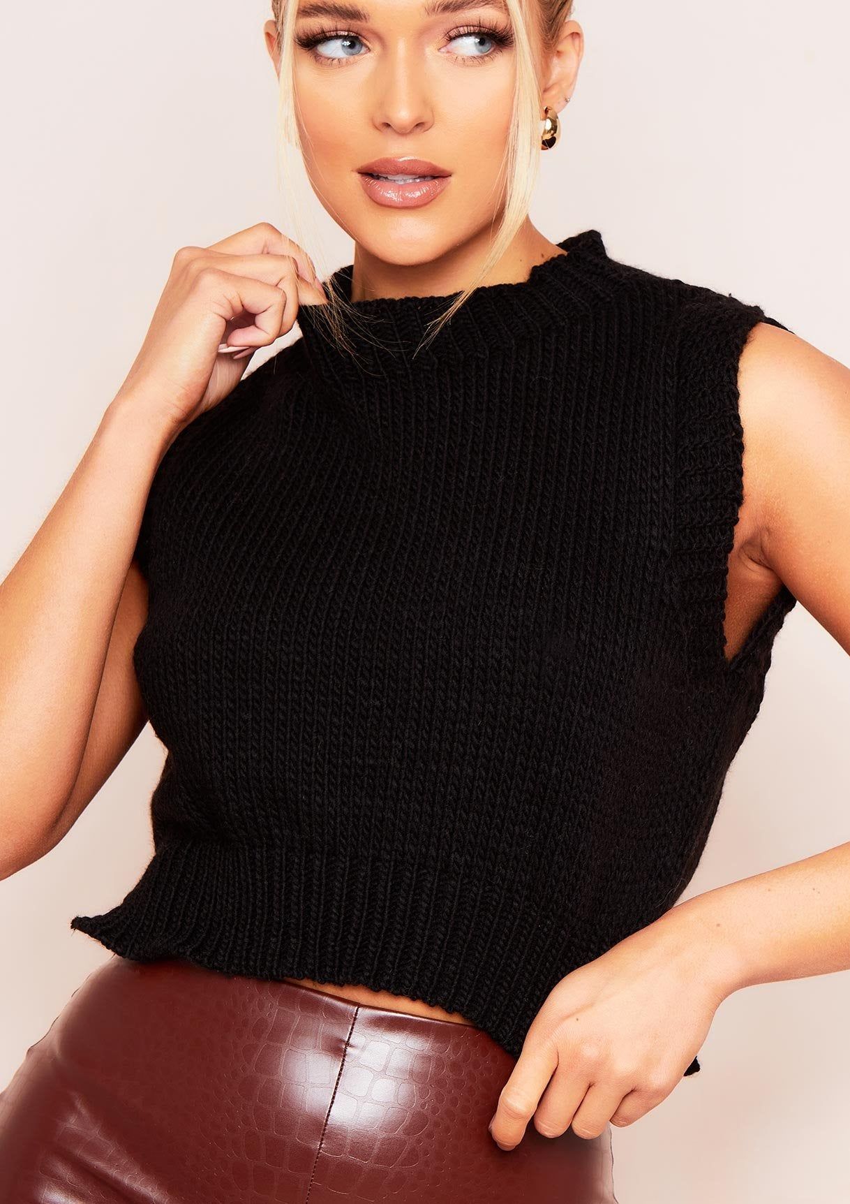 Ariana Black Cropped Knitted Sleeveless Vest sold by Missy Empire product image thumbnail 3
