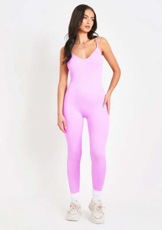 Kora Lilac Ribbed Seamless Strappy Jumpsuit sold by Missy Empire