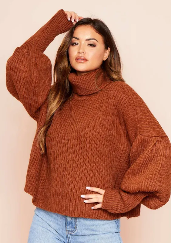 Aiyana Brown Balloon Sleeve Roll Neck Cropped Jumper sold by Missy Empire