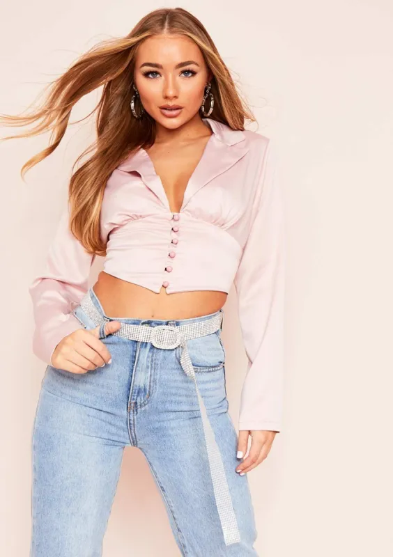 Tahlia Pink Satin Tailored Crop Top sold by Missy Empire