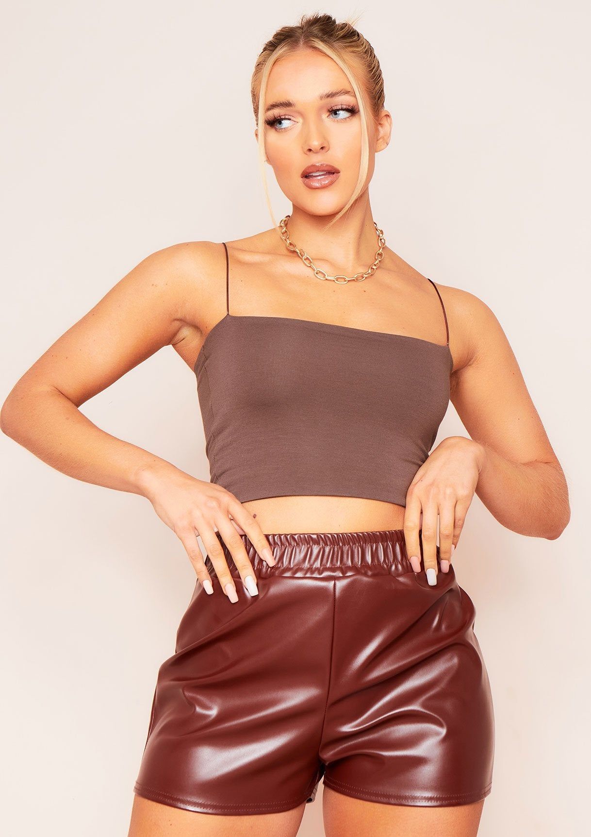 Chris Chocolate Thin Strap Crop Top sold by Missy Empire