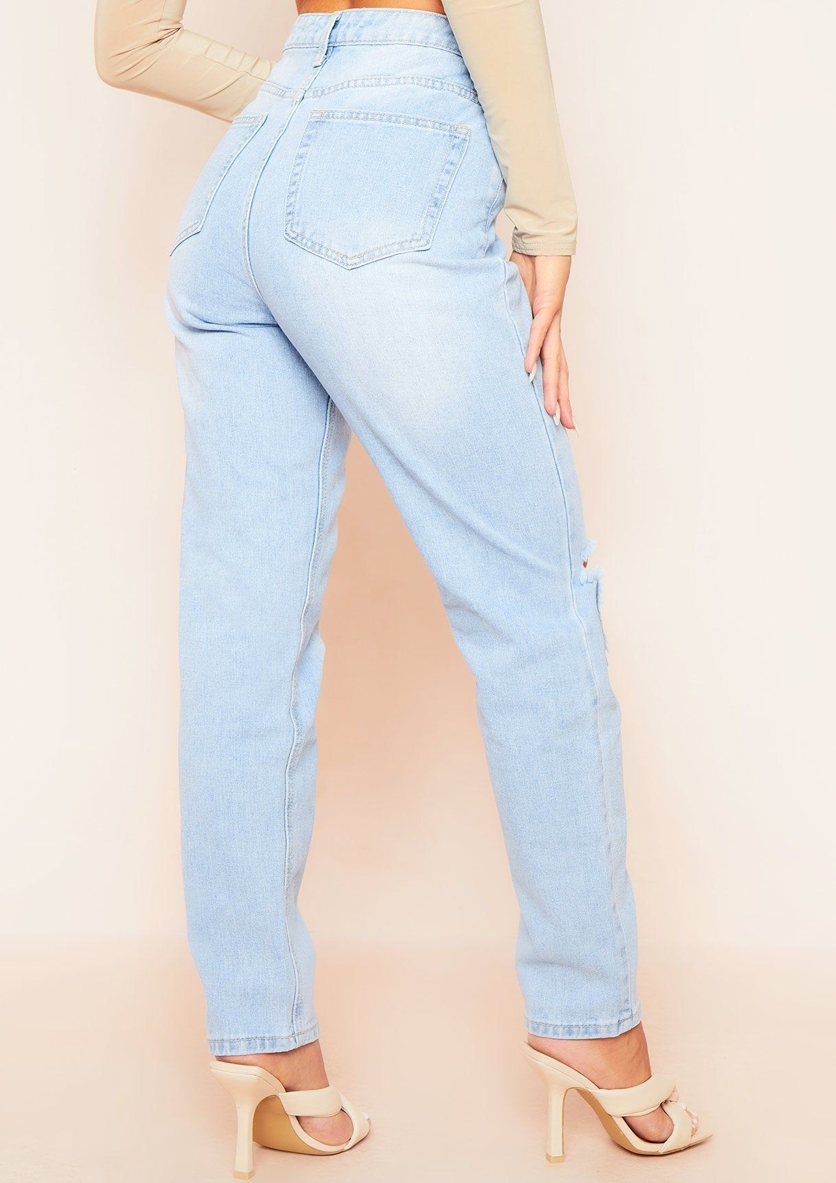 Eloise Light Wash Ripped Knee Mom Jeans sold by Missy Empire product image thumbnail 4