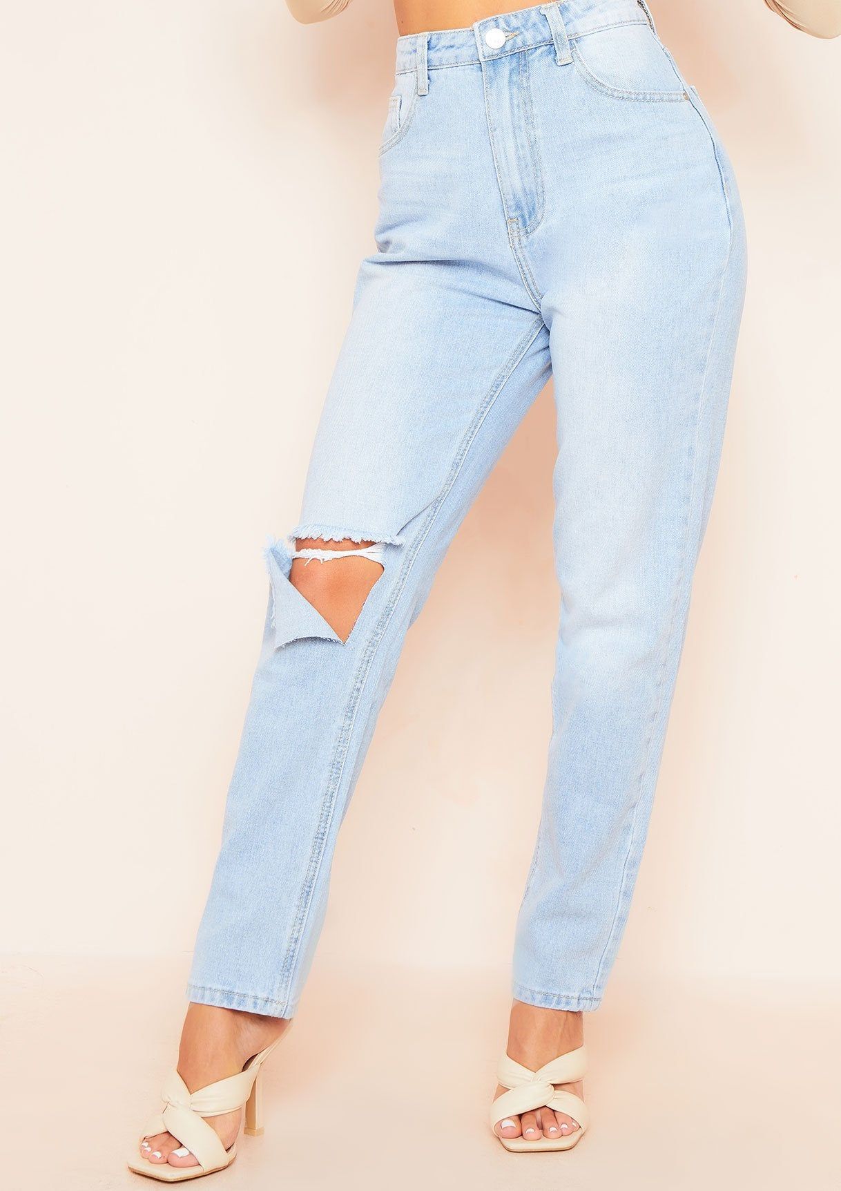 Eloise Light Wash Ripped Knee Mom Jeans sold by Missy Empire product image thumbnail 2