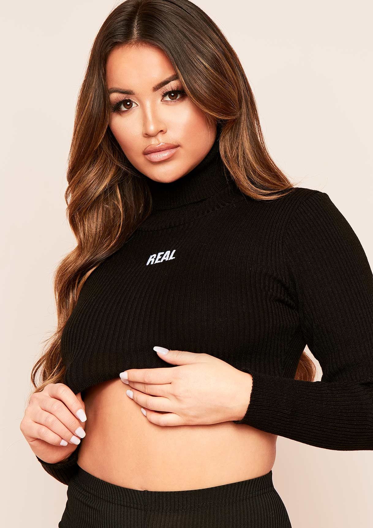 Tyra Black Real Slogan Roll Neck Cropped Knit Jumper sold by Missy Empire product image thumbnail 3