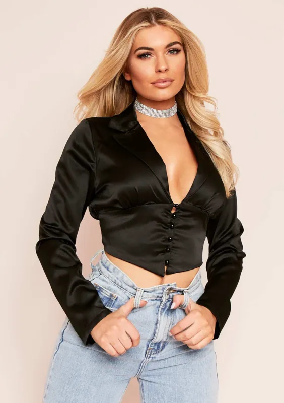 Tahlia Black Satin Tailored Crop Top sold by Missy Empire