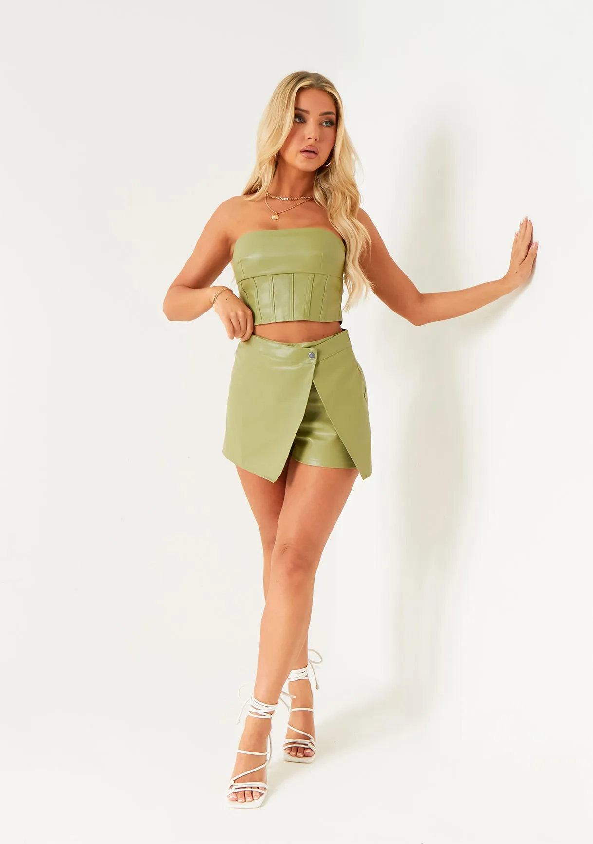 Alora Green Faux Leather Skort sold by Missy Empire