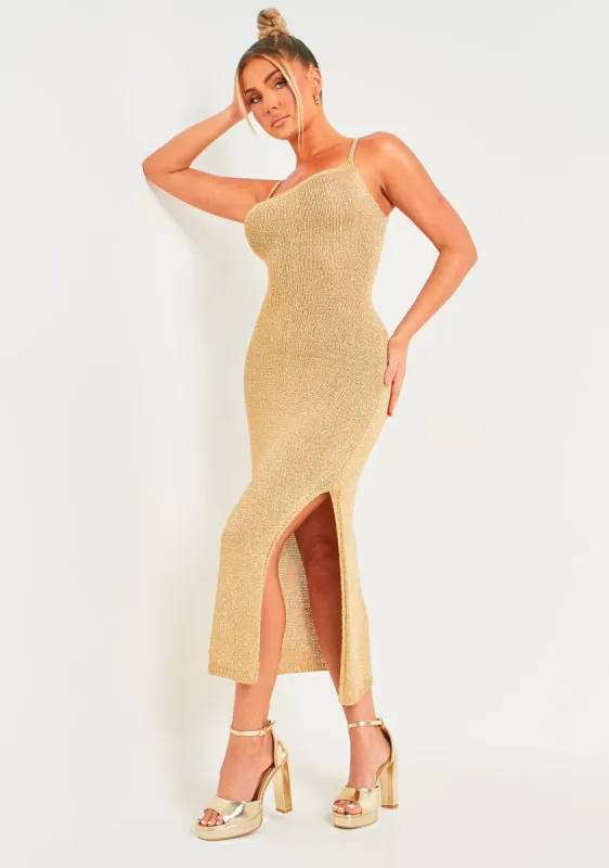 Skylar Gold Metallic Knit Midi Dress sold by Missy Empire