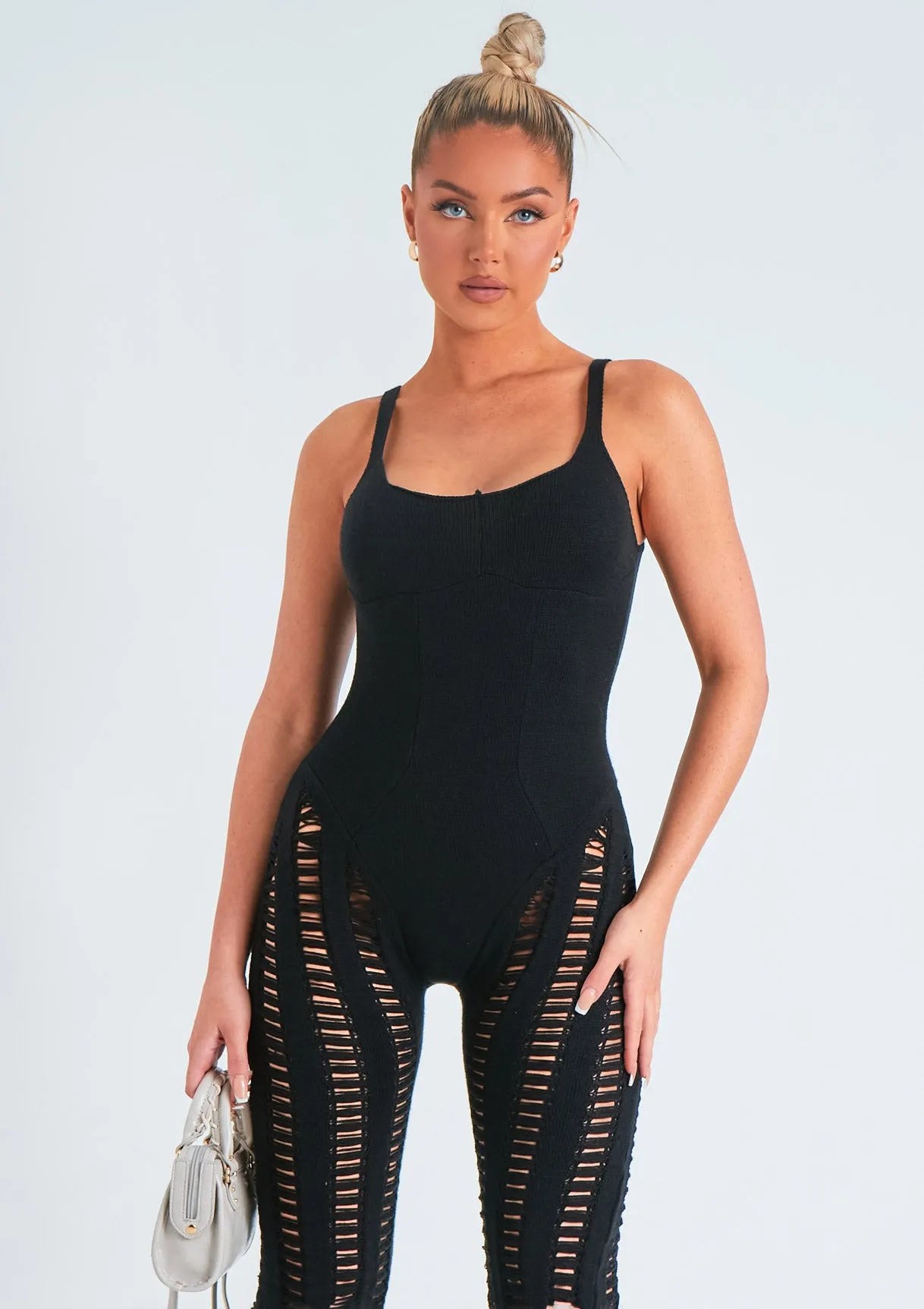 Eva Black Laddered Knitted Seam Jumpsuit sold by Missy Empire product image thumbnail 5