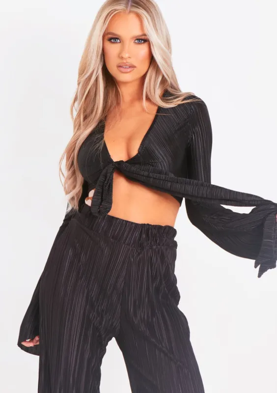 Alice Black Plisse Wrap Tie Crop Top sold by Missy Empire