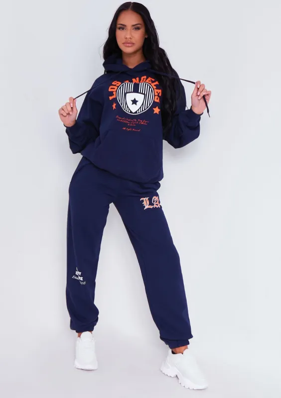 Teyana Navy Los Angeles Varsity Slogan Joggers sold by Missy Empire
