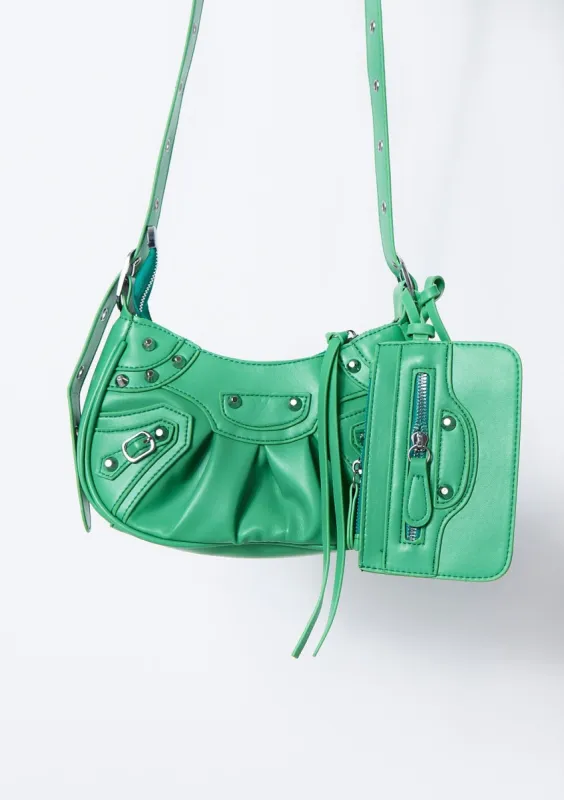 Haylie Green PU Studded Shoulder Bag With Purse sold by Missy Empire