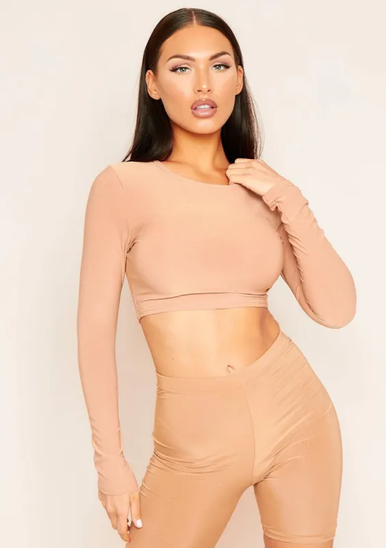 Amida Camel Long Sleeve Crew Neck Smooth Crop Top sold by Missy Empire