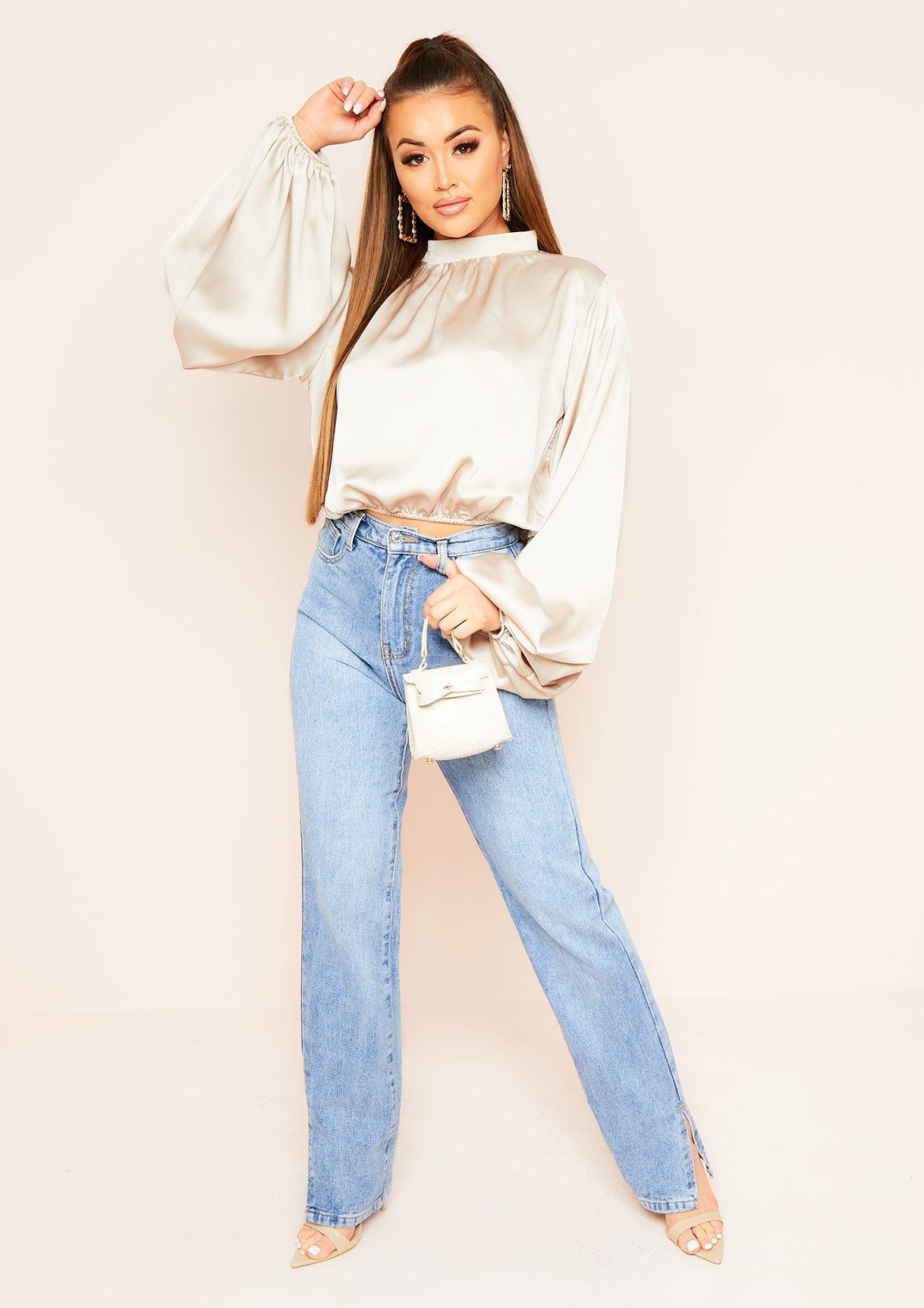 Seeta Beige Balloon Sleeve Satin Blouse sold by Missy Empire product image thumbnail 4