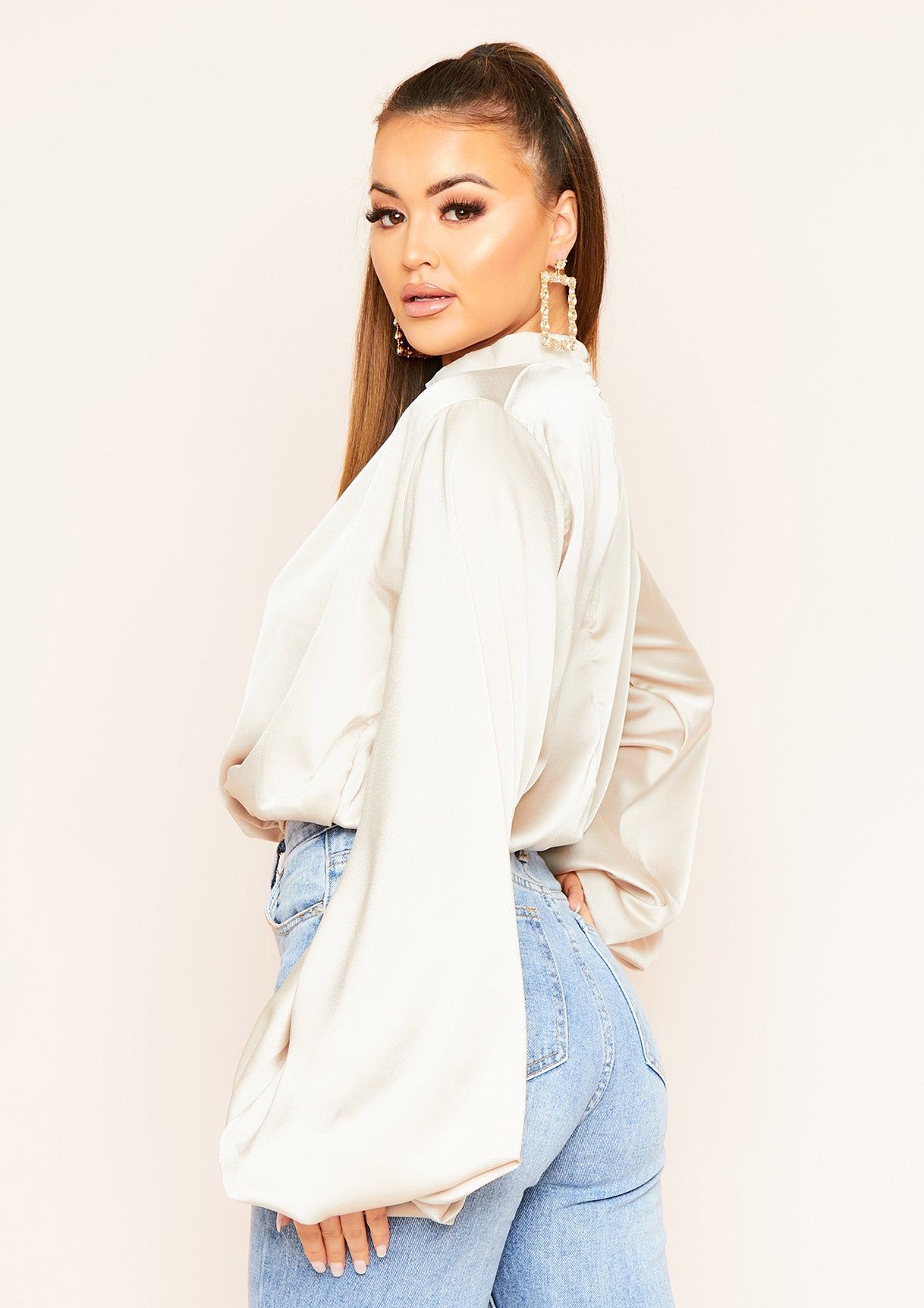 Seeta Beige Balloon Sleeve Satin Blouse sold by Missy Empire product image thumbnail 3