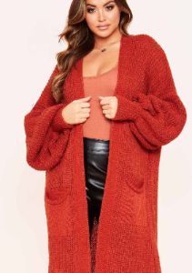 Nathalie Rust Balloon Sleeve Knitted Cardigan sold by Missy Empire
