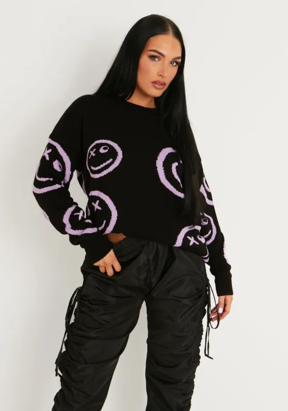 Cleo Black And Lilac Oversized Smiley Face Knitted Jumper sold by Missy Empire