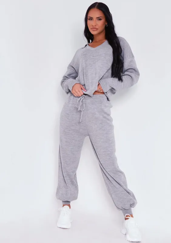 Nya Grey V Neck Knitted Jumper And Jogger Set sold by Missy Empire