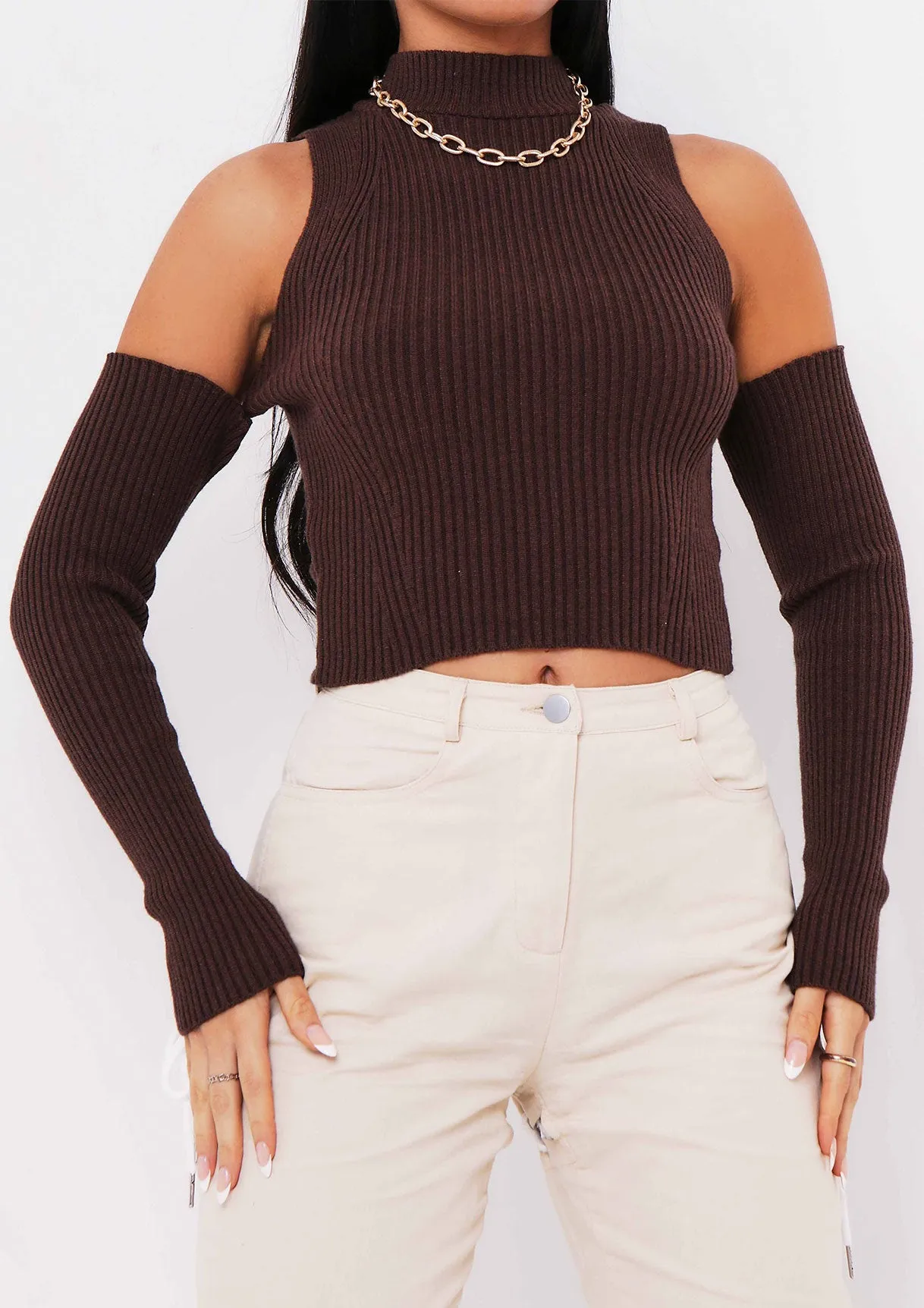 Thea Chocolate Knitted Rib Off The Shoulder Top sold by Missy Empire product image thumbnail 4