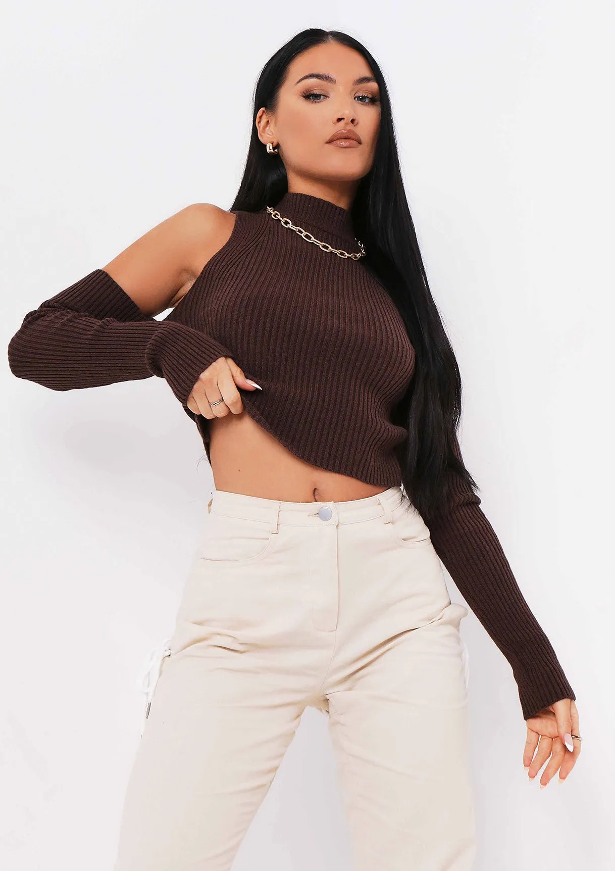 Thea Chocolate Knitted Rib Off The Shoulder Top sold by Missy Empire