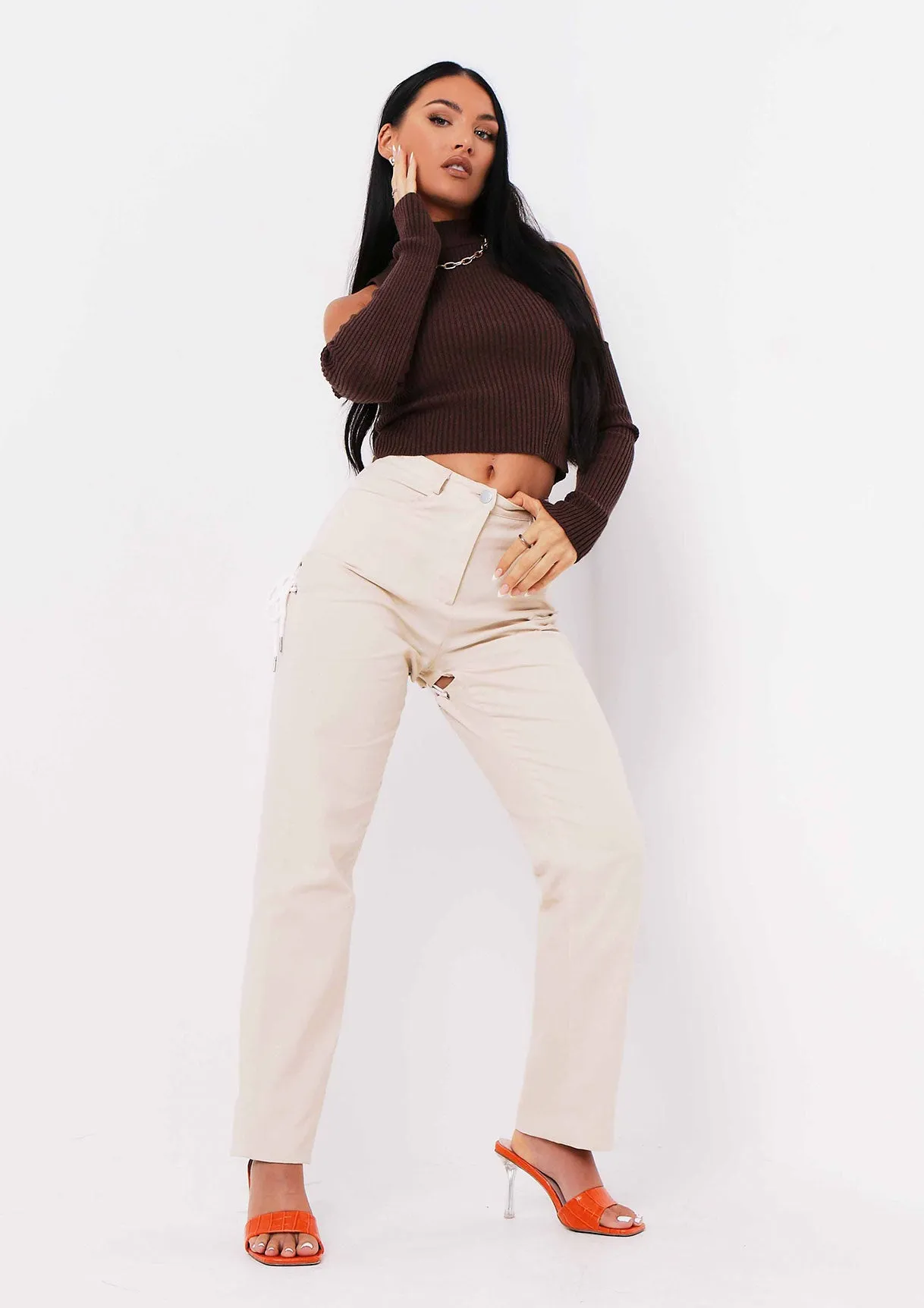 Thea Chocolate Knitted Rib Off The Shoulder Top sold by Missy Empire product image thumbnail 5