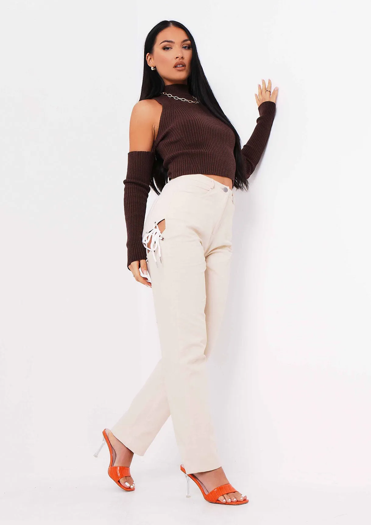 Thea Chocolate Knitted Rib Off The Shoulder Top sold by Missy Empire product image thumbnail 2