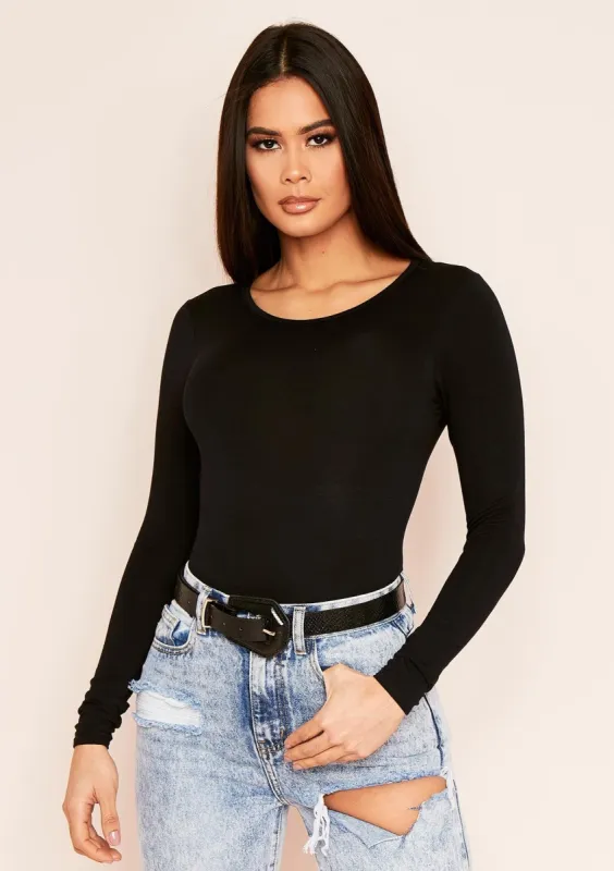 Elena Black Basic Jersey Crew Neck Bodysuit sold by Missy Empire