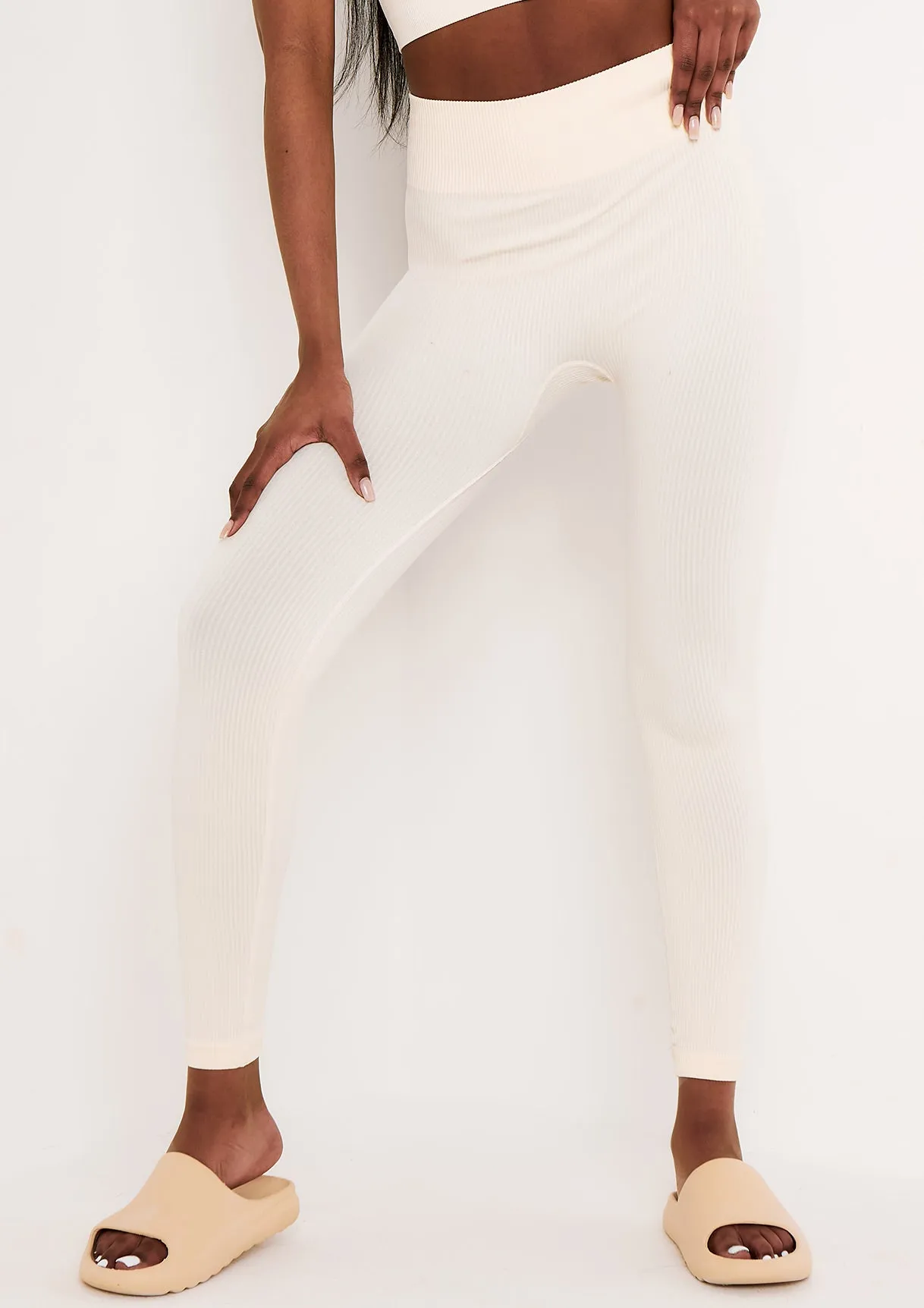 Cyndi Cream Seamless Ribbed High Waisted Leggings sold by Missy Empire