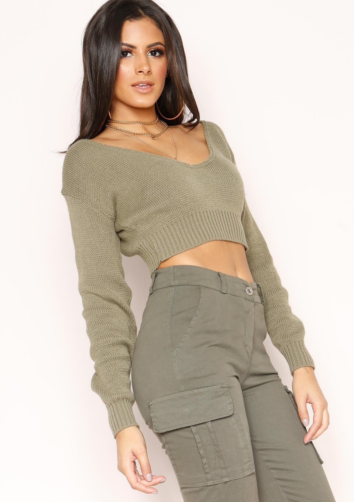 Suzy Khaki V Neck Cropped Jumper sold by Missy Empire