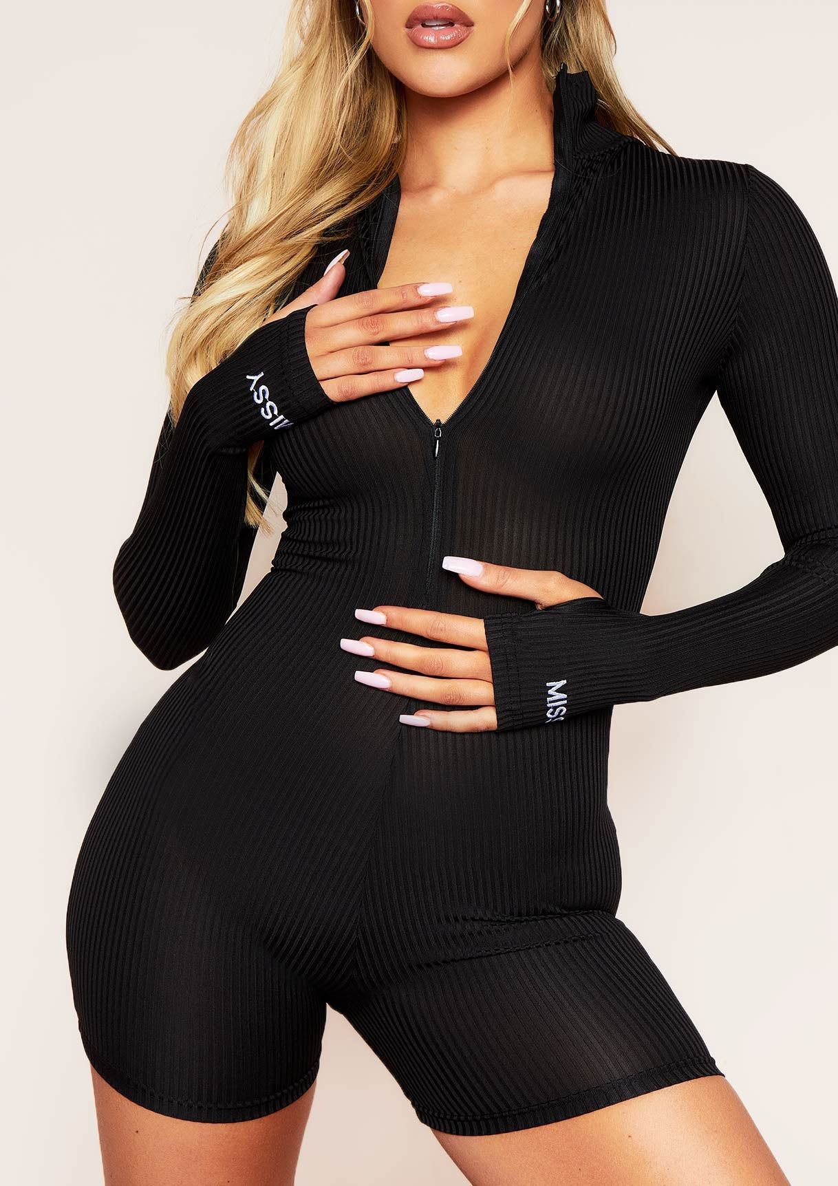 Hailey Missy Black Ribbed High Neck Slogan Zip Unitard sold by Missy Empire product image thumbnail 3