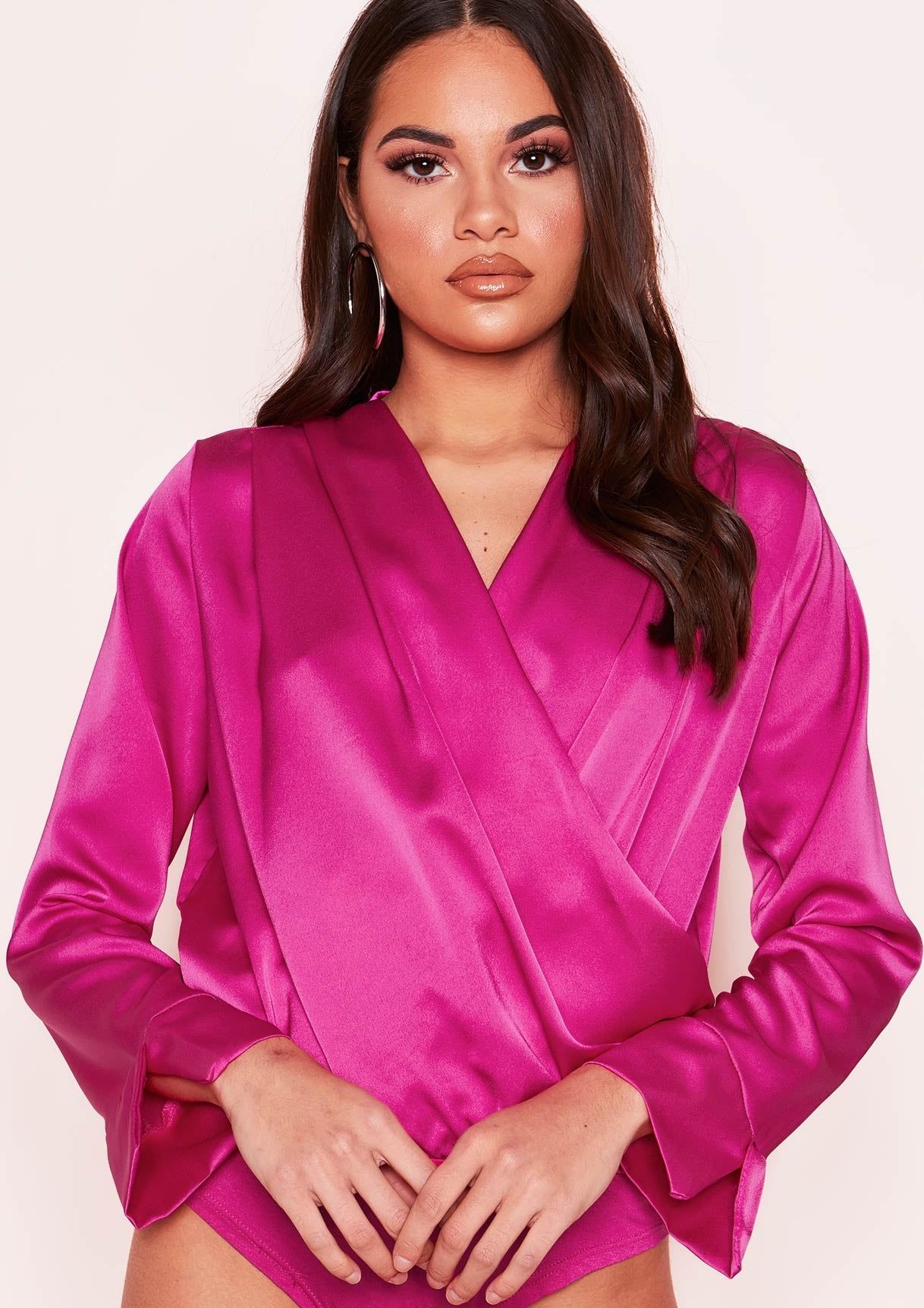 Monika Hot Pink Satin Wrap Bodysuit sold by Missy Empire product image thumbnail 4