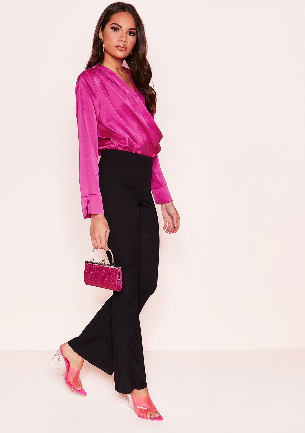 Monika Hot Pink Satin Wrap Bodysuit sold by Missy Empire