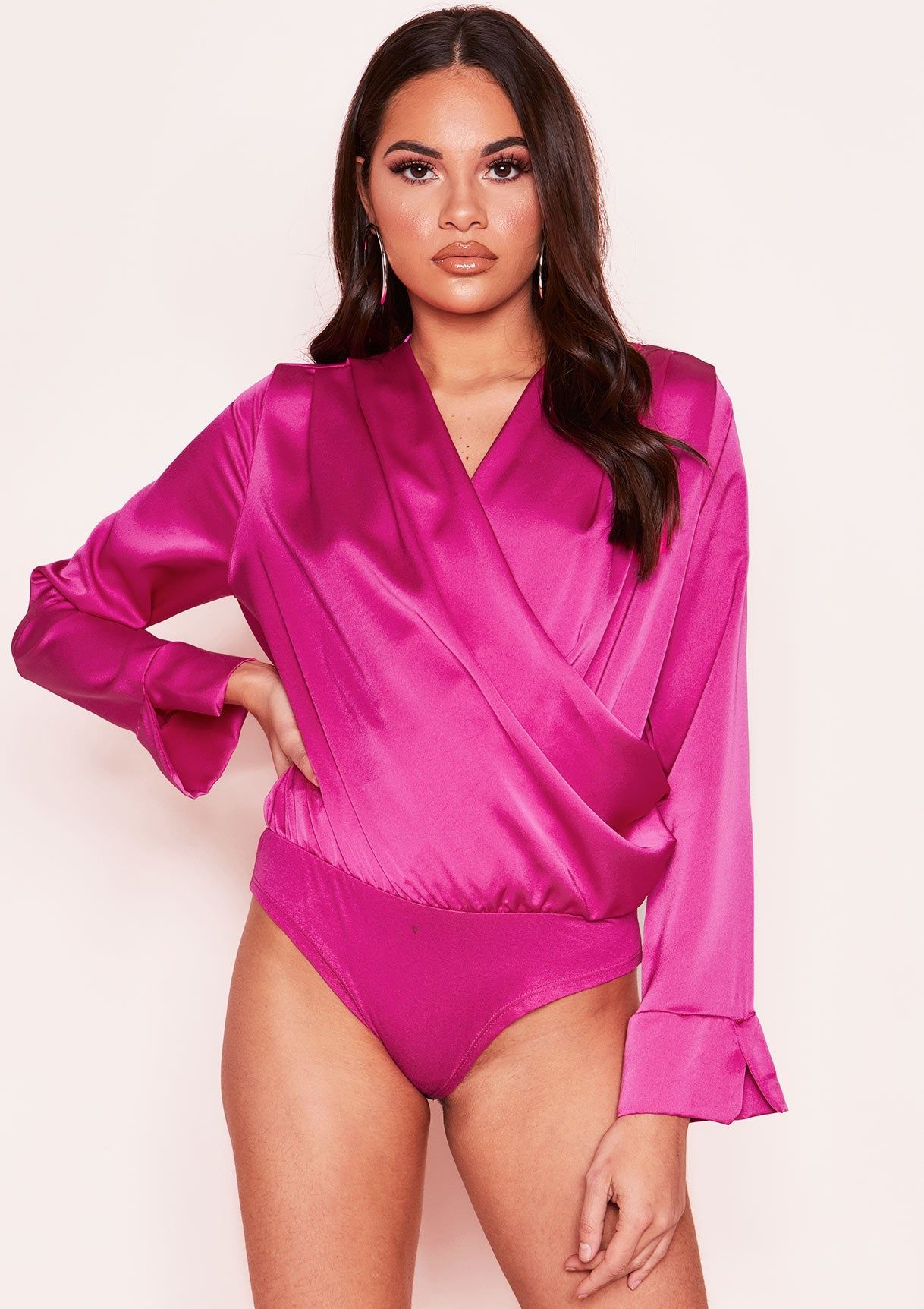 Monika Hot Pink Satin Wrap Bodysuit sold by Missy Empire product image thumbnail 2