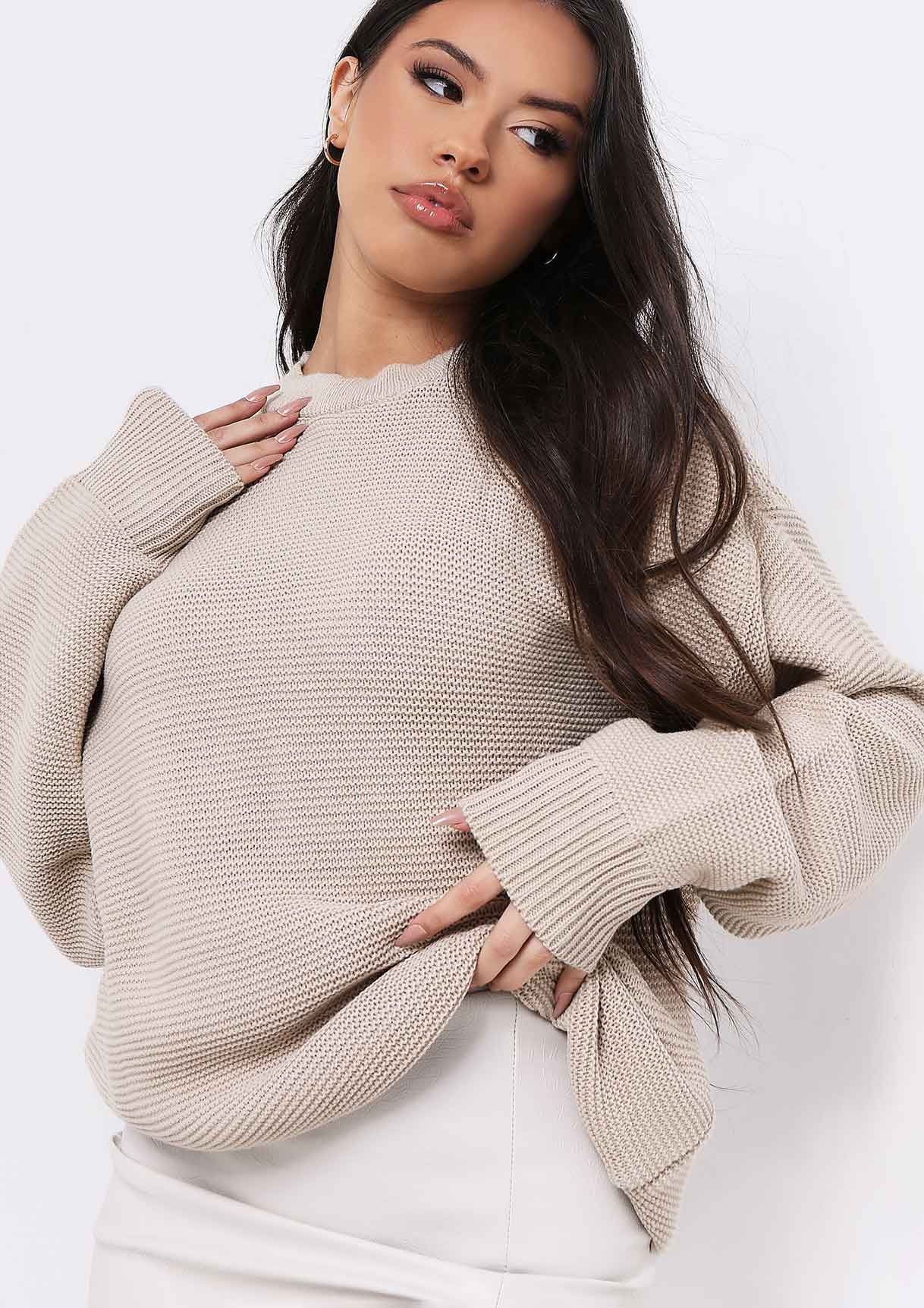 Emily Beige Ribbed Loose Fit Knitted Crew Neck Jumper Dress sold by Missy Empire product image thumbnail 2