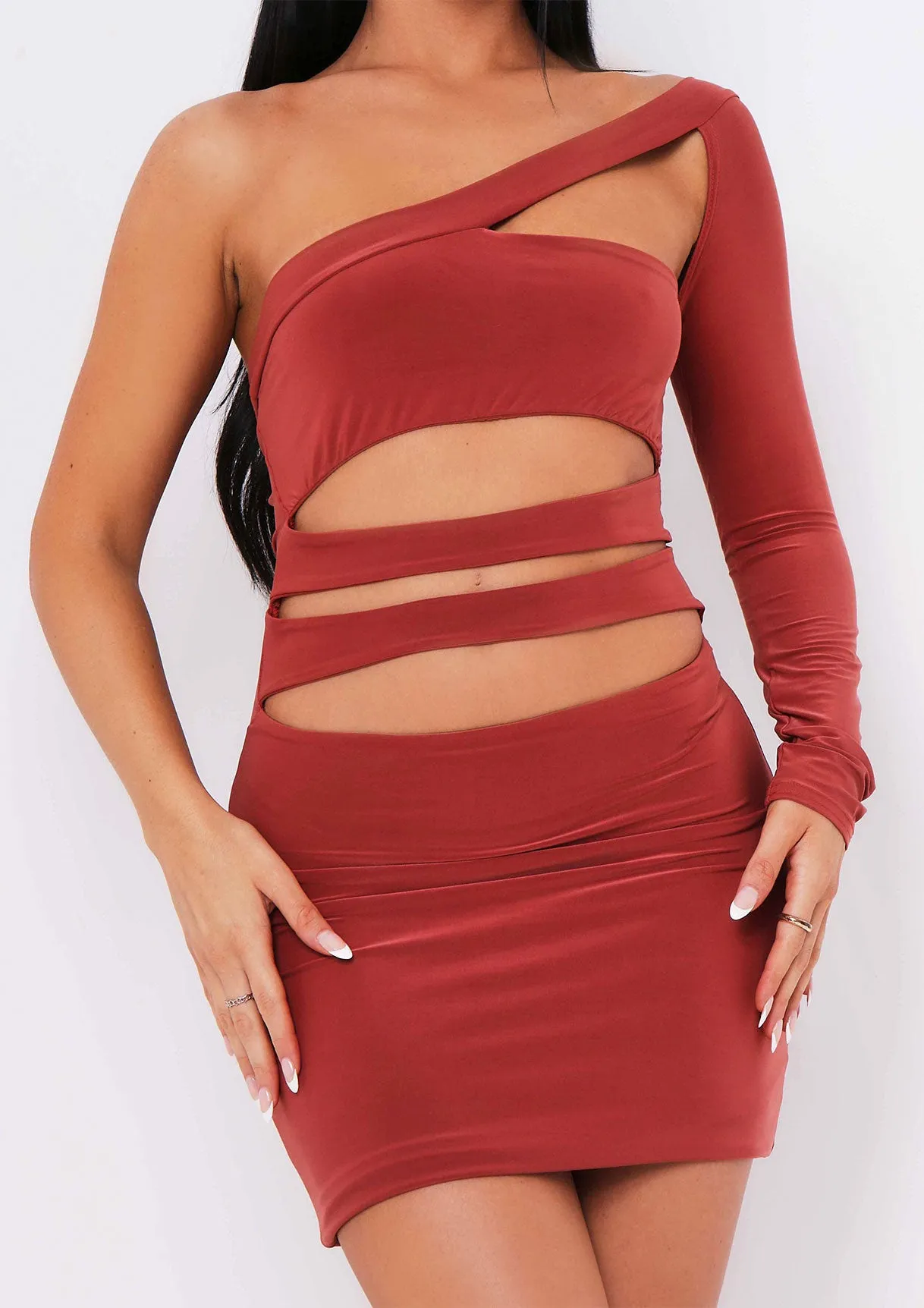 Cambria Burnt Orange One Sleeve Cut Out Mini Dress sold by Missy Empire product image thumbnail 4