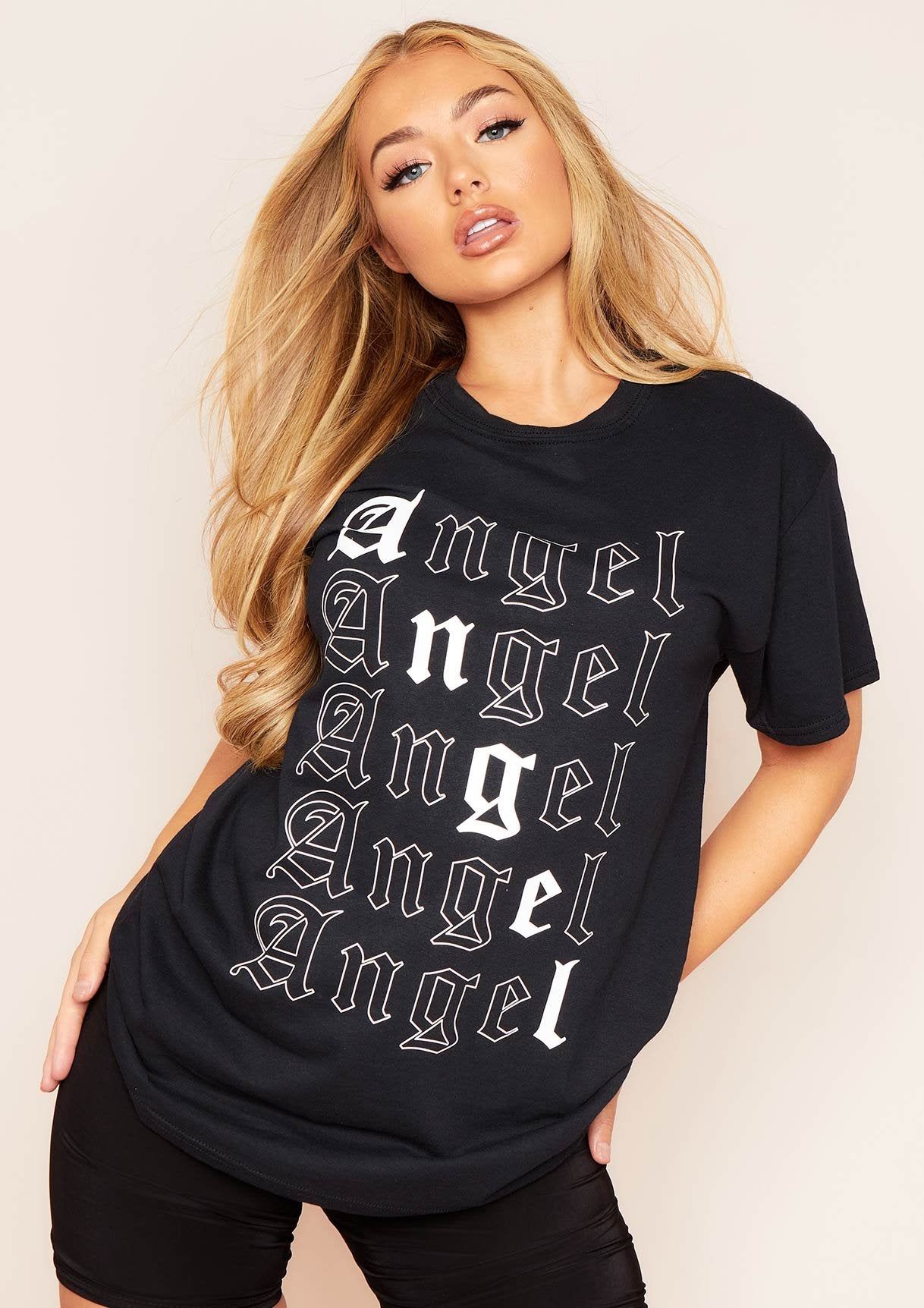 Riley Black Angel Slogan Oversized T-Shirt sold by Missy Empire