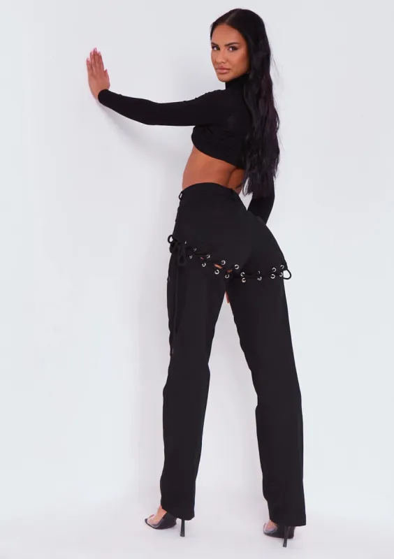 Jazlyn Black Lace Up Straight Leg Trousers sold by Missy Empire