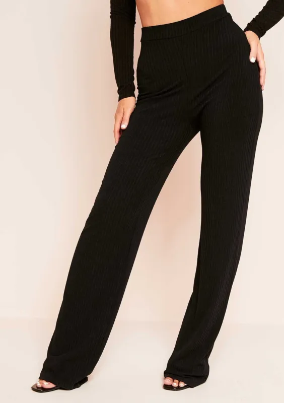 Aubrey Black Mix & Match Ribbed Lounge Wide Leg Trousers sold by Missy Empire