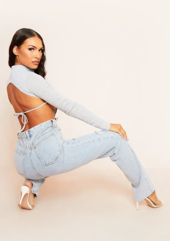 Roderiga Light Grey Ribbed High Neck Tie Back Crop Top sold by Missy Empire