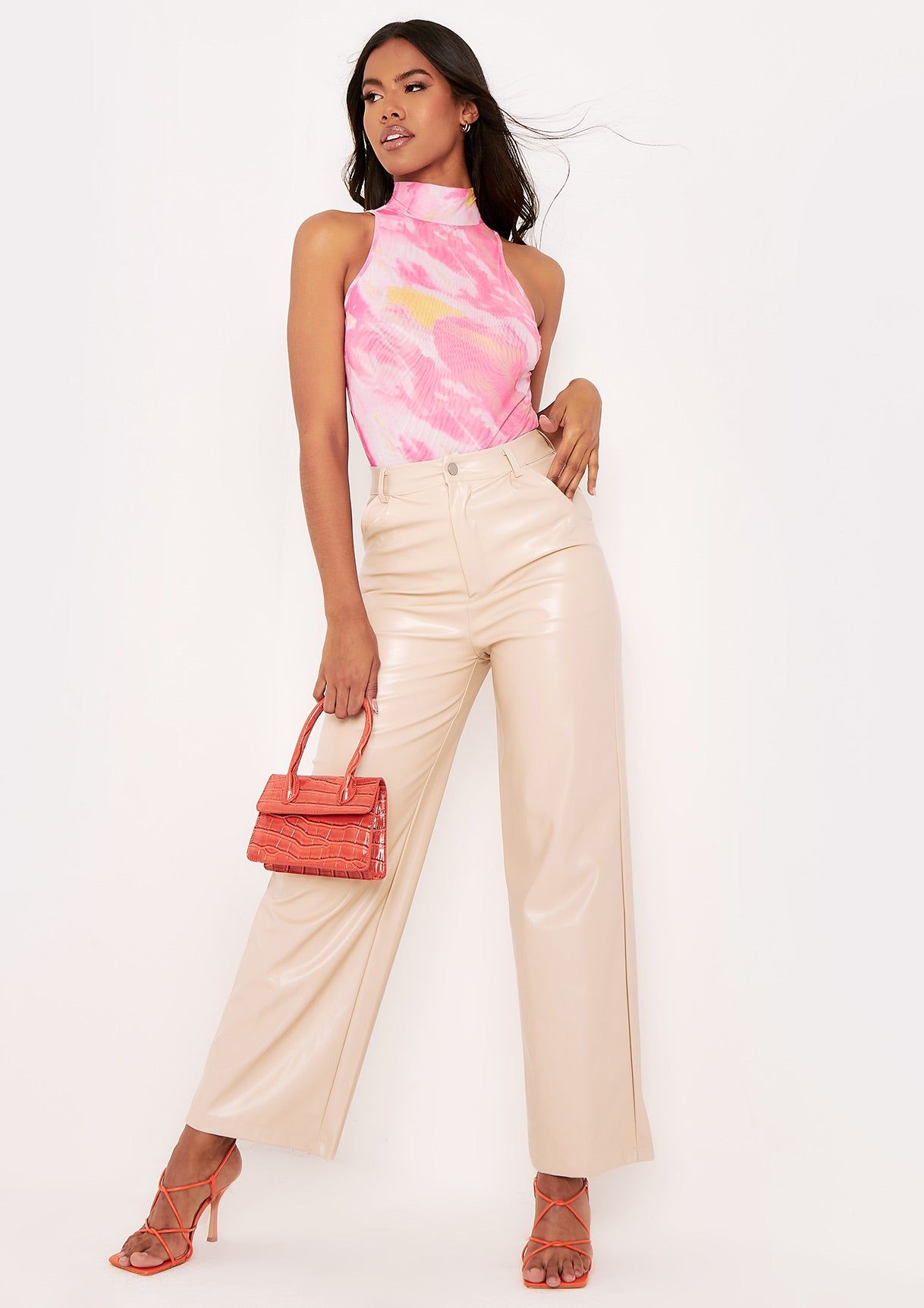 Shelly Pink Printed Racer High Neck Mesh Bodysuit sold by Missy Empire product image thumbnail 3