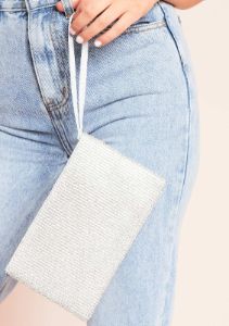Lina Silver Diamante Pouch Clutch Bag sold by Missy Empire