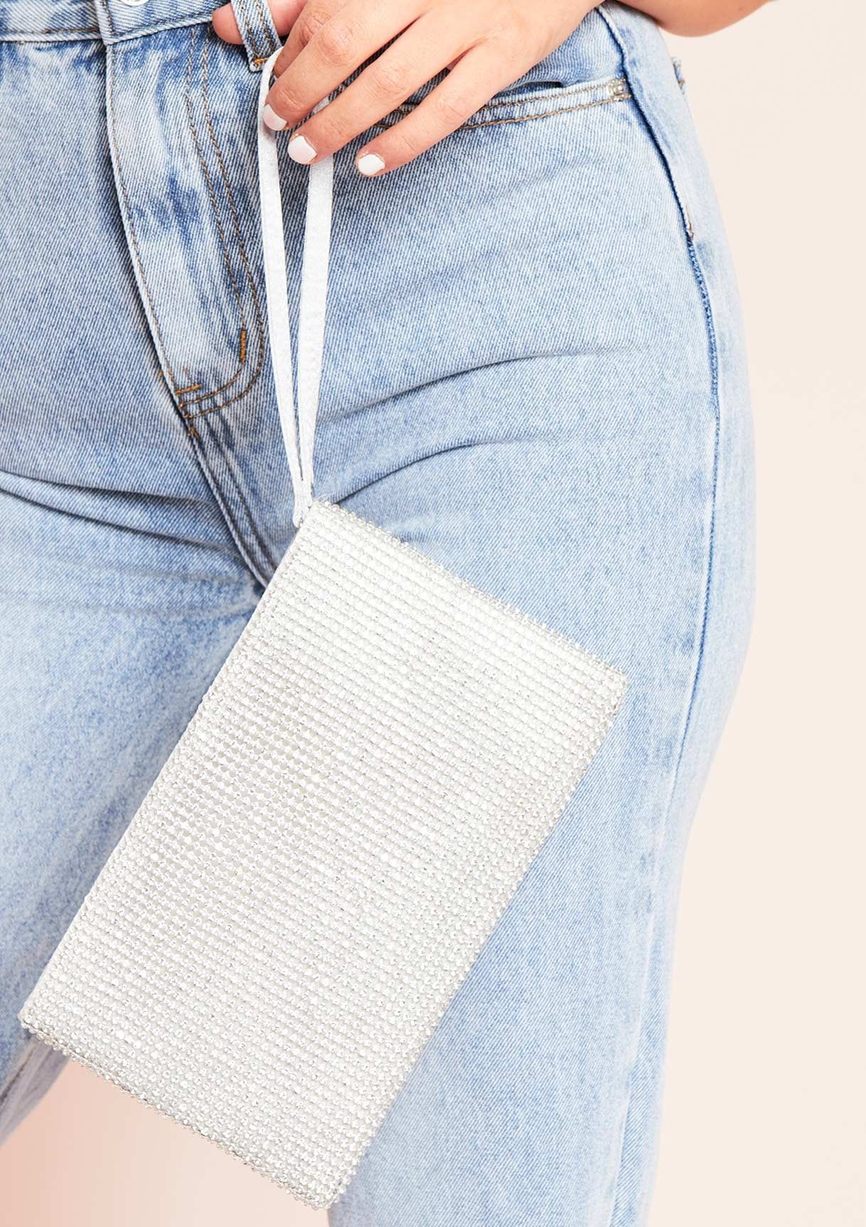 Lina Silver Diamante Pouch Clutch Bag sold by Missy Empire product image thumbnail 3